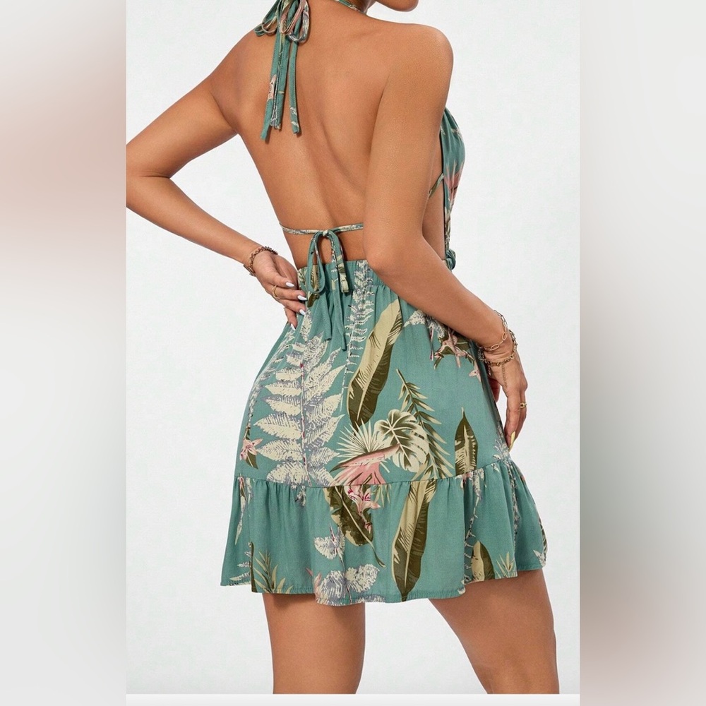 NWOT SHEIN Extra Small Green Blue Multi Tropical Print Halter Tie Back Sexy Mini - Picture 4 of 7